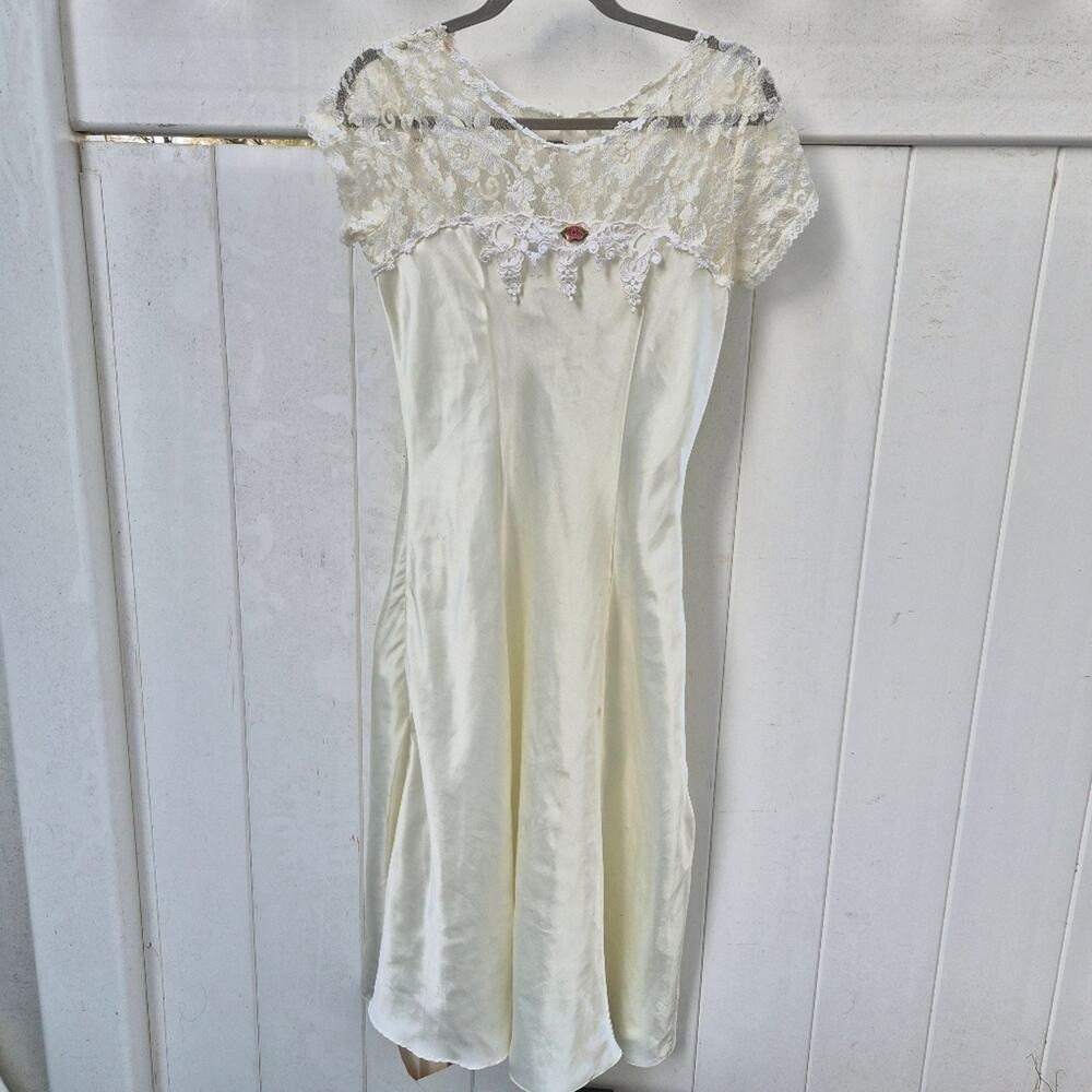 Pauline's Trousseau Vintage Lace Satin gown Cream Coquette Cottagecore
